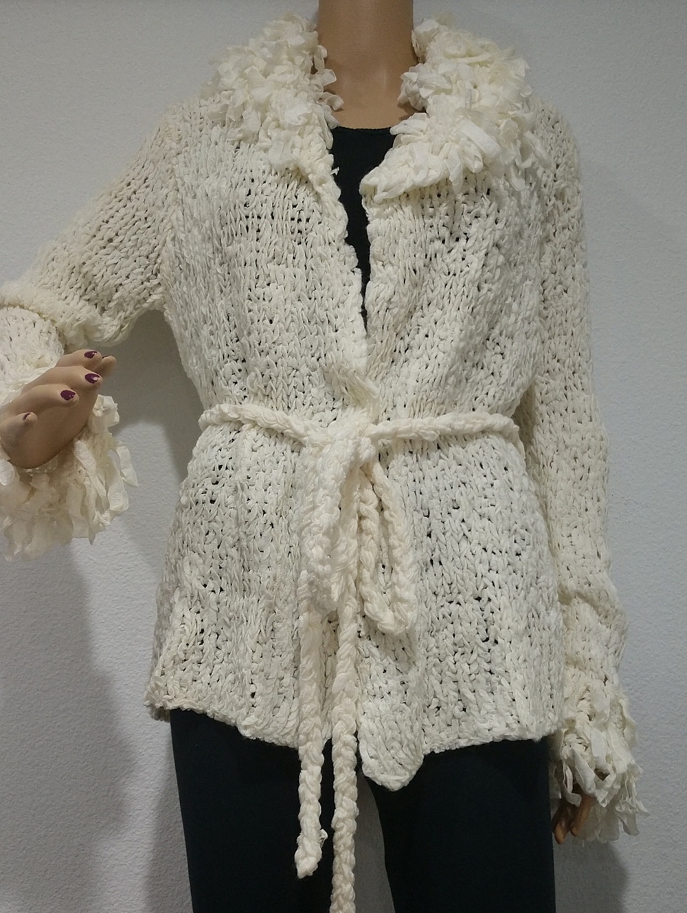 Boston Proper Cream Open-Knit Belted Cardigan with Ruffle Trim